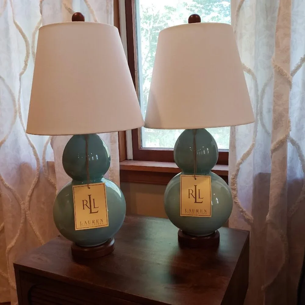 NWT Rare Aqua Color Ralph Lauren Petite Double Gourd Pair of Lamps - Picture 2 of 16